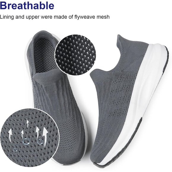Women Grey Slip On Walking Shoes Flat Lightweight Breathable Casual Sneakers - Picture 3 of 7
